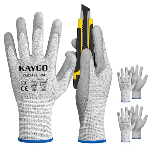 KAYGO Cut Resistant Gloves PU Coated 3 Pairs, ANSI Cut Level A3, Professional Safety Work Gloves for Industrial, Construction, Woodworking, Warehouse (Medium,Grey) - color: Grey Ansi A3, size: Medium