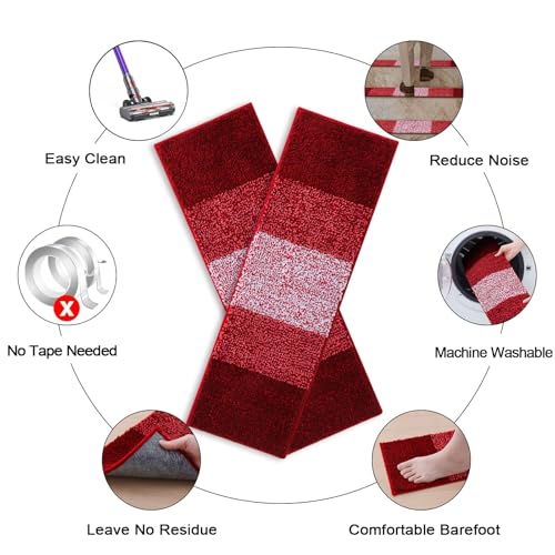 OLANLY Stair Treads Non Slip 15PCS, 8" x 30" Indoor Stair Runners for Wooden Steps, Edging Stair Rugs with Reusable Peel and Stick Adhesive for Kids Elders and Pets, Burgundy - color: Burgundy