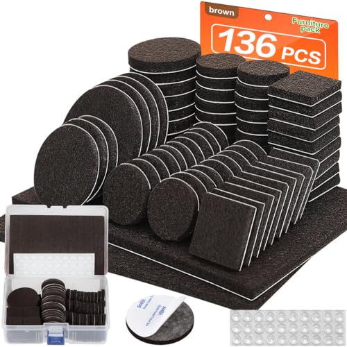 Felt Furniture Pads 136 Pieces, Furniture Pads for Hardwood Floors, 5mm Thick Floor Protectors for Furniture Legs, Felt Pads for Furniture, Floor Savers for Furniture in a Case - size: 136pcs Brown