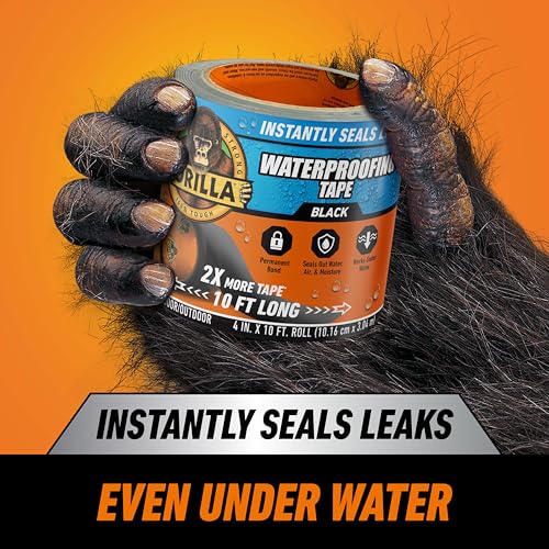Gorilla Waterproof Patch & Seal Tape, Black Tape, 4" x 10' (Pack of 4) - Permanent Weather Resistant Seal for Leaks and Repairs - size: 4 - Pack