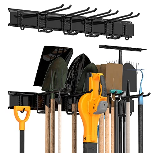 Sttoraboks Garage Tool Storage Rack, Heavy Duty Garage Storage Organizer Rack System Wall Mounted Tool with 6 double hooks, 2 rails, Garden Yard Tools Hanger Rack for Ski Gears, Broom, Rake,Shovel - size: 34inch 2 panels+6 hooks