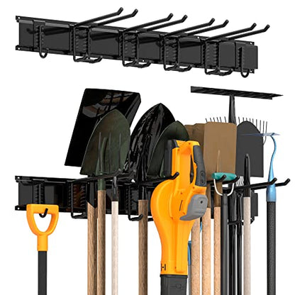 Sttoraboks Garage Tool Storage Rack, Heavy Duty Garage Storage Organizer Rack System Wall Mounted Tool with 6 double hooks, 2 rails, Garden Yard Tools Hanger Rack for Ski Gears, Broom, Rake,Shovel - size: 34inch 2 panels+6 hooks