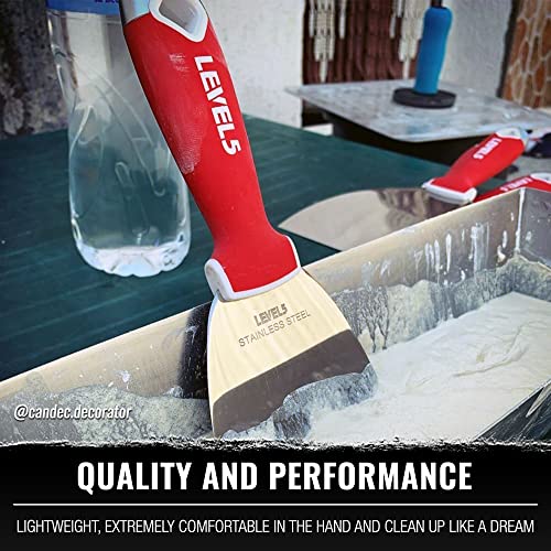4" Soft-Grip Stainless Steel Drywall Joint Knife - LEVEL5 | Pro-Grade | Comfortable Finishing Hand Tool | Metal Hammer End | Sheetrock Gyprock Plasterboard Mud | 5-140 - size: 4"