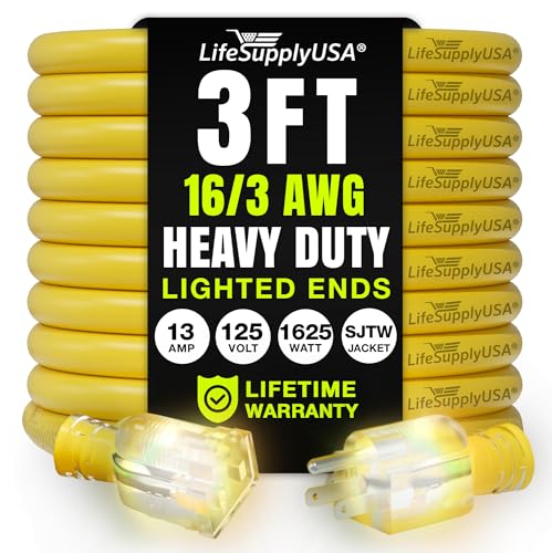 3ft Outdoor/Indoor Extension Cord 16/3 Gauge Heavy Duty 3 Prong SJTW, Waterproof, Flexible Cold-Resistant Long Power Cord,13A 125V 1625W, Yellow by LifeSupplyUSA - color: Yellow, size: 3 FT, style: 16AWG