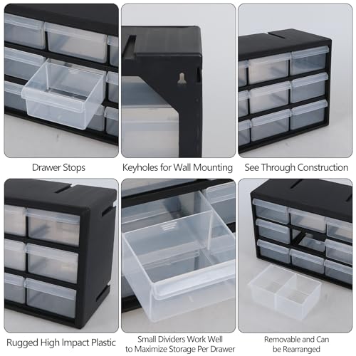 9-Drawer Plastic Drawer Hardware Storage Cabinet, Small Plastic Drawer Storage Cabinet for Garage, Black, F
