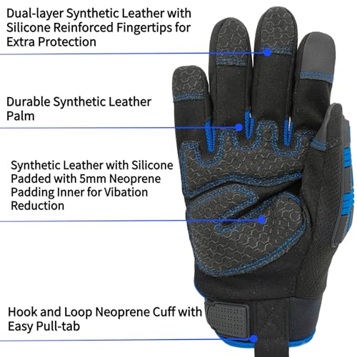 Anti-Vibration Work Gloves Men,Cut Resistant Safety Impact Glove,Heavy Duty,TPR Protection,Touchscreen,Extra Large,Blue+Black - color: Blue+black, size: X-Large