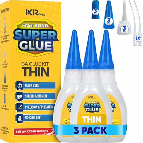 CA Glue Thin Viscosity Kit (3x1.75 oz.) Cyanoacrylate Glue, Super Glue for Precision Repairs, Wood, Plastic, Model Building, Crafts, and 3D Printing, Fast-Drying Adhesive for Tight Spaces and Cracks - size: 3 Pack, style: Thin CA Glue