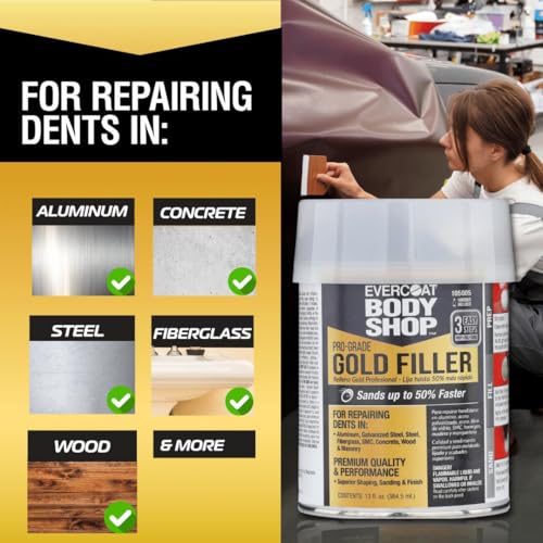 Evercoat Body Shop 105005 Pro-Grade Gold Filler Sands up to 50% Faster, Multipurpose for Dents in Aluminum, Fiberglass & More, Easy Mix Hardener Included 13 Fl Oz. - size: 13 Fl Oz., style: Gold Filler