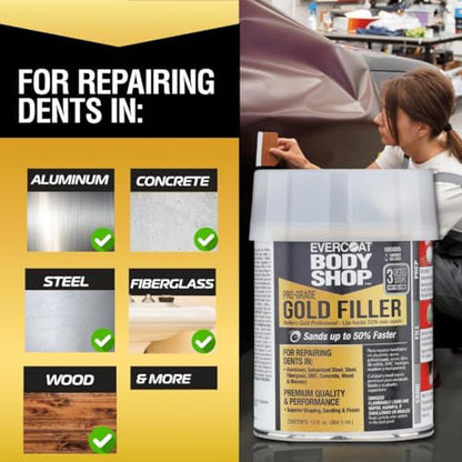 Evercoat Body Shop 105005 Pro-Grade Gold Filler Sands up to 50% Faster, Multipurpose for Dents in Aluminum, Fiberglass & More, Easy Mix Hardener Included 13 Fl Oz. - size: 13 Fl Oz., style: Gold Filler