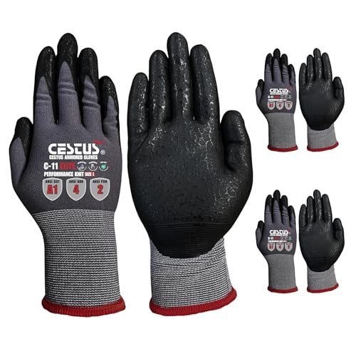 Cestus C11e, Nitrile Coated Work Gloves with Grip, Touchscreen, Reinforced Double Knit - size: X-Small, style: 3 Pairs