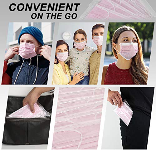 PM PERFORMOTOR 50 Packs Individually Sealed 3-Ply Disposable Pink Face Mask Protective Mouth Cover - color: Pink Individual
