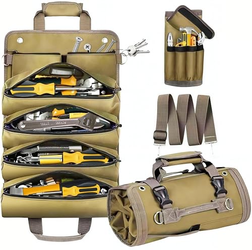 Tool Bag Roll Up-Tool Roll Organizer Portable Tool Roll Pouch for Mechanic Handyman Electrician Motorcycle Tools, Durable Tool Storage,Father Day Gifts Tools for Dad - Men - Mechanic Welding - color: Khaki