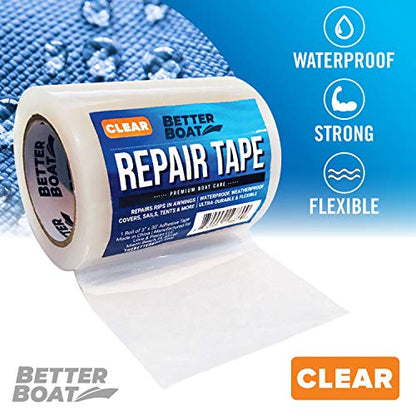 Better Boat Repair Tape for Fabric and Vinyl 30ft x 3in, Clear Waterproof Patch Tape for RV Awning Canvas Tent Tarp Sail Canopy Boat Cover, Heavy Duty - color: Clear