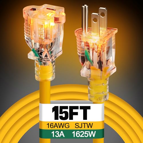 Lighted End Outdoor Extension Cord Waterproof -16AWG, 3 Prong, 13A, 1625W, Flexible Yellow Power Extension Cord for Outsides, 15ft - color: Yellow, size: 15ft