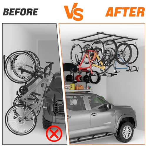 TORACK Ceiling Bike Rack for Garage, Ceiling-Mounted Bicycle Storage Hooks for 4 Bikes (Horizontal) or 8 Bikes (Vertical), Adjustable Overhead Bicycle Hooks for Mountain, Road, and Kids' Bike