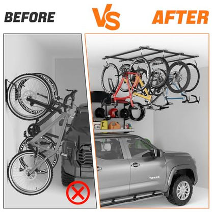 TORACK Ceiling Bike Rack for Garage, Ceiling-Mounted Bicycle Storage Hooks for 4 Bikes (Horizontal) or 8 Bikes (Vertical), Adjustable Overhead Bicycle Hooks for Mountain, Road, and Kids' Bike