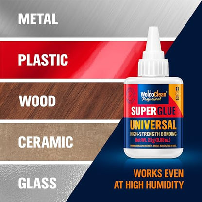 WoldoClean Super Glue All-Purpose Liquid 25g - Fast Drying Clear CA Adhesive for Metal, Plastic, Wood, Ceramic, Glass & DIY Repairs