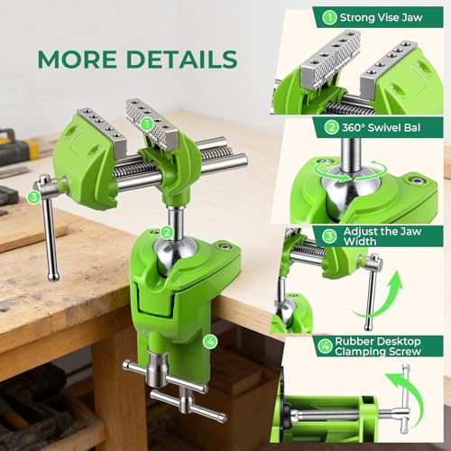 Bench Vise, 360° Swiveling Articulating Vise with Post Universal, Woodworking Vise, 360° Heavy Duty Cast Steel, Table Clamp Vise for Workbench DIY Projects, Handcraft Creations