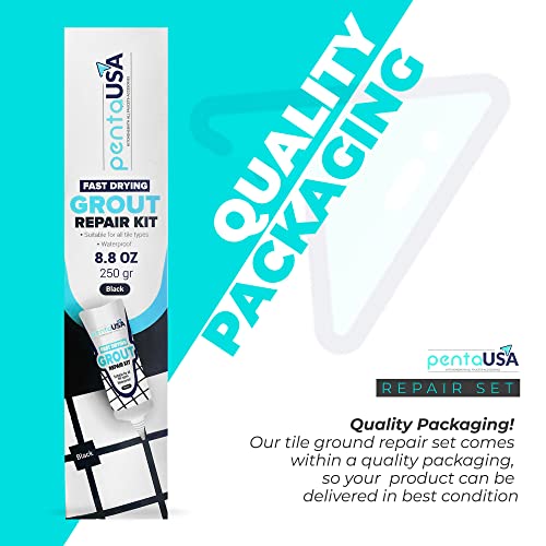 PentaUSA Tile Grout Repair Kit - Black Premixed Acrylic Sanded Grout Filler for Bathroom, Shower, and Kitchen Tile Repair, Water-Resistant Tube with Applicator, Fills Cracks and Gaps, (8.8oz / 250g)