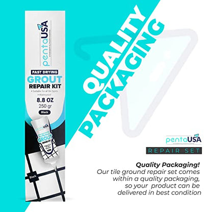 PentaUSA Tile Grout Repair Kit - Black Premixed Acrylic Sanded Grout Filler for Bathroom, Shower, and Kitchen Tile Repair, Water-Resistant Tube with Applicator, Fills Cracks and Gaps, (8.8oz / 250g)