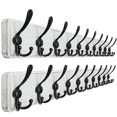 Dseap Coat Rack Wall - Heavy-Duty 38-1/4" Long, with Reinforced 10 Custom Tri-Hooks, Solid Wood Wall Hanger for Coats Hat Jackets - Rustic Farmhouse Entryway Storage, White & Black, Pack of 2 - color: White & Black, size: L=38.3"