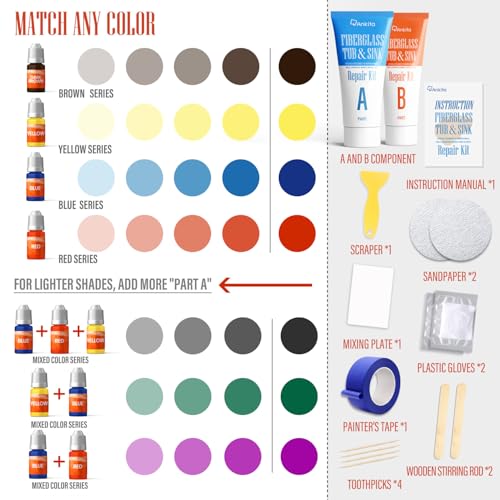 Fiberglass Tub Repair Kit(Color Match), Fiberglass Shower and Acrylic Bathtub Repair Kit for Scratches, Cracks, Chips, Holes on Porcelain, Enamel, Tubs, Tile, Sink, Fix Chipped Almond Bath Tub