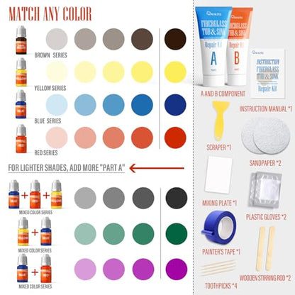 Fiberglass Tub Repair Kit(Color Match), Fiberglass Shower and Acrylic Bathtub Repair Kit for Scratches, Cracks, Chips, Holes on Porcelain, Enamel, Tubs, Tile, Sink, Fix Chipped Almond Bath Tub