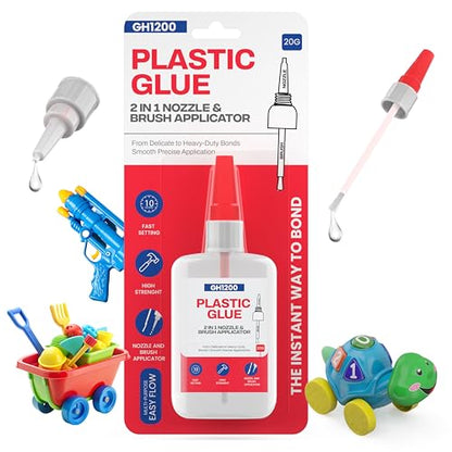 GH1200 (2-in-1) Super Glue for Plastic with Brush Applicator & Nozzle - Fast Setting Plastic Glue Heavy Duty for Solid Bonds, DIY & More, Crystal Clear & No Stain Glue - style: 20g Plastic Glue Brush & Nozzle