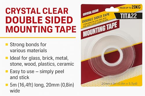 Double Sided Sticky Tape – 0.8 inch Wide, 16.4 ft Long, TITA22™ Clear Mounting Heavy Duty, Strong Adhesive, Removable & Residue-Free, Sticky Tape for Walls, Glass, Metal, Wood & More (16.4 FT)