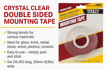 Double Sided Sticky Tape – 0.8 inch Wide, 16.4 ft Long, TITA22™ Clear Mounting Heavy Duty, Strong Adhesive, Removable & Residue-Free, Sticky Tape for Walls, Glass, Metal, Wood & More (16.4 FT)