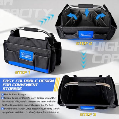 18 Inch Open Top Tool Bag, Tool Bags for Men with 30 Pockets, 1680D Waterproof Fabric, Foldable Electrician Tool Bag with Rotating Handle, Reflective Tool Organizer for Men, Blue - color: Black-Blue