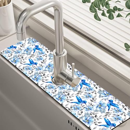 Kitchen Sink Splash Guard Faucet Mat Blue Floral and Hummingbird Absorbent Fast Drying Mat Faucet Draining Mat Sink Splash Guard Behind Faucet Drip Catcher for Kitchen Bathroom 24" X 5.5" - size: 5.5"x24"