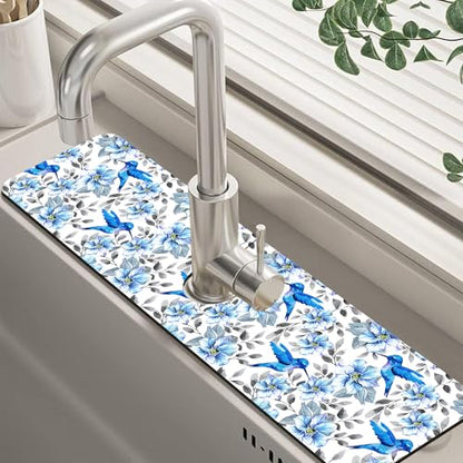 Kitchen Sink Splash Guard Faucet Mat Blue Floral and Hummingbird Absorbent Fast Drying Mat Faucet Draining Mat Sink Splash Guard Behind Faucet Drip Catcher for Kitchen Bathroom 24" X 5.5" - size: 5.5"x24"
