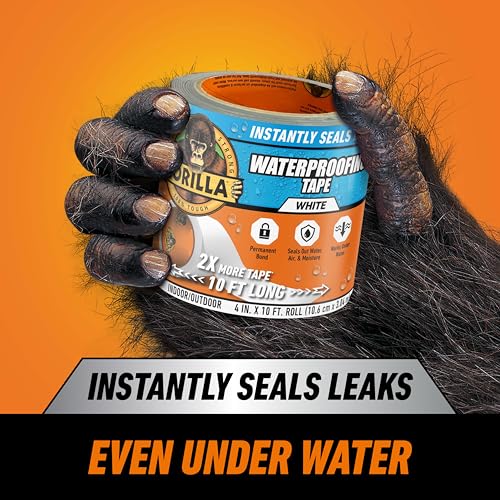 Gorilla Waterproof Patch & Seal Tape, White Tape, 4" x 10' (Pack of 4) - Permanent Weather Resistant Seal for Leaks and Repairs