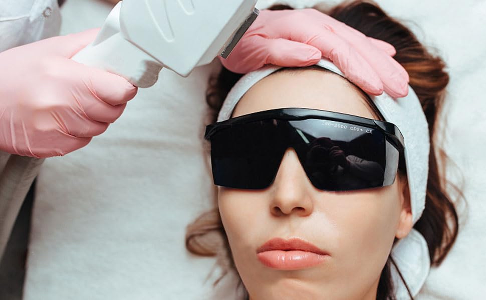 IPL190nm to 2000nm Laser Safety Glasses , UV Blocking Laser Glasses Eye Protection Protective Goggles Eyewear for Hair Removal Treatment and Laser Cosmetology Operator Eye Protection Adjustable Temple - color: Black
