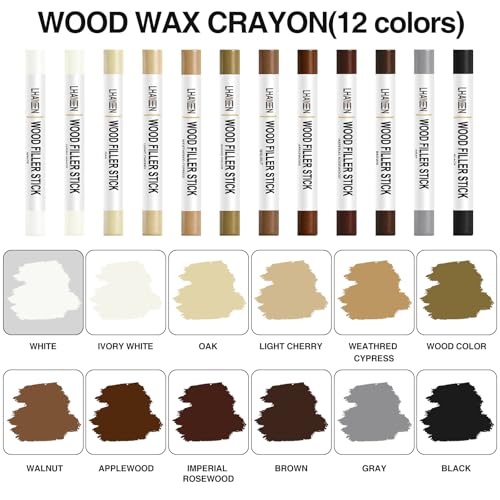 Wood Filler Sticks,12colors Wood Wax Crayons for Repairing Scratches, Scuffs, Cracks, and Nail Holes on Wood Furniture, Floors, Cabinets, Tables, and Doors