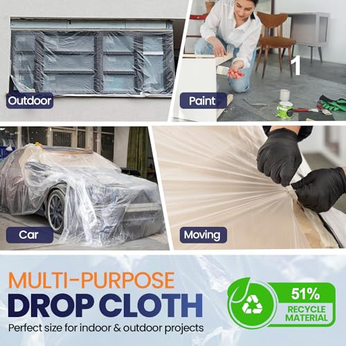 1 Pack 12 x 9 ft Extra Large Plastic Drop Cloth for Painting - Light & Durable Tarp Cover for Furniture - Plastic Clear Tarp Waterproof - Paint Floor Covering - Painters Drop Cloth Sheeting - size: 1 Sheet