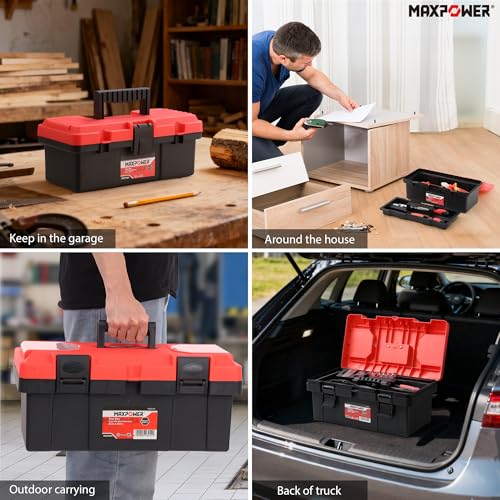 MAXPOWER 2-Piece Plastic Tool Box Set, 12-inch Mini Tool Box & 17-inch Handheld Toolbox, Lockable, Removable Tray, Top Small Parts Organizer Storage for Home, Garage, and DIY Projects - style: 12" 17" red