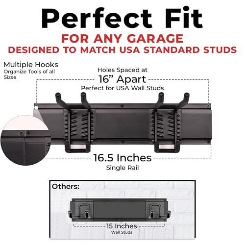 NINE FORTY Garage Tool Organizer Wall Mount - 49.5 Inches, 16" Stud Spacing, 440 LBS. Sturdy Rubber Coated Garden Tool Organizer and Storage Rack with Adjustable Hooks