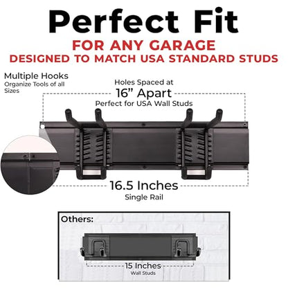 NINE FORTY Garage Tool Organizer Wall Mount - 49.5 Inches, 16" Stud Spacing, 440 LBS. Sturdy Rubber Coated Garden Tool Organizer and Storage Rack with Adjustable Hooks