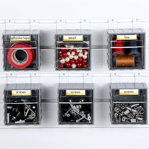Huwena 6 Pack Slatwall Bins with Hooks Set Tilt out Bins Storage Cabinet Slatwall Tip out Bin with Labels Wall Mount Container Hanging Storage Organizer Accessories for Garage Work Room Panel Hardware