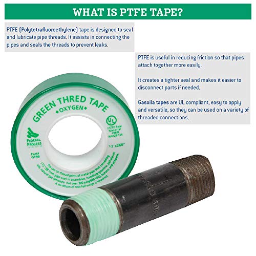 Gasoila Green PTFE Thread Seal Tape – Professional-Grade, 1/2 Inch x 260 Inch, High-Density Thread Tape for Oxygen Lines – Leak-Proof Seal, Non-Toxic, 3 Pack - size: 1/2 Inch x 260 Inch Roll- 3 Pack