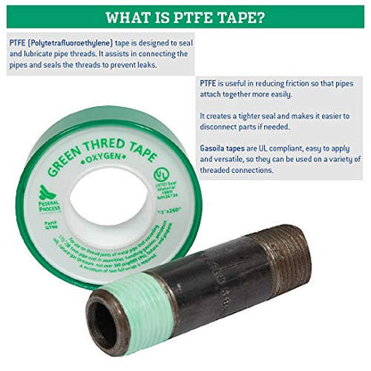 Gasoila Green PTFE Thread Seal Tape – Professional-Grade, 1/2 Inch x 260 Inch, High-Density Thread Tape for Oxygen Lines – Leak-Proof Seal, Non-Toxic, 3 Pack - size: 1/2 Inch x 260 Inch Roll- 3 Pack