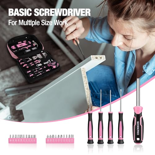 WORKPRO Pink Tool Set - 100 Pieces Pink Tool Kit with Easy Carrying Pouch, Household Tool Kit for Home, Apartment, Office, College, Perfect for DIY Projects, Home Maintenance - Pink Ribbon