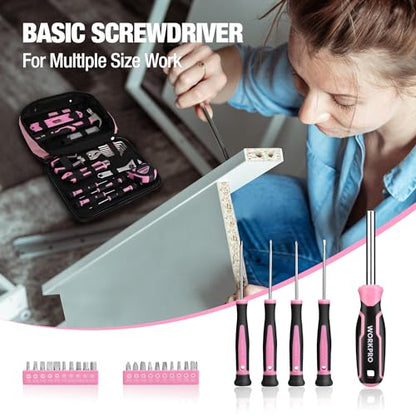 WORKPRO Pink Tool Set - 100 Pieces Pink Tool Kit with Easy Carrying Pouch, Household Tool Kit for Home, Apartment, Office, College, Perfect for DIY Projects, Home Maintenance - Pink Ribbon