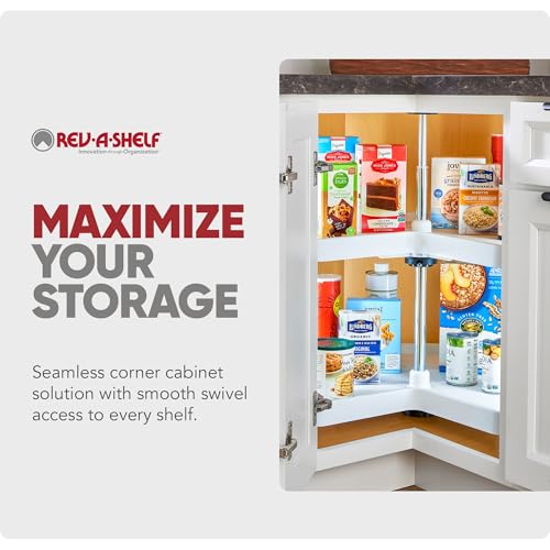 Rev-A-Shelf 2 Tier Kidney Cut Lazy Susan for Corner Base Cabinets, Plastic, 28" Double Shelf Swivel Kitchen Spice/Can Organizer, White, 3472-28-11-52 - size: 28 inch