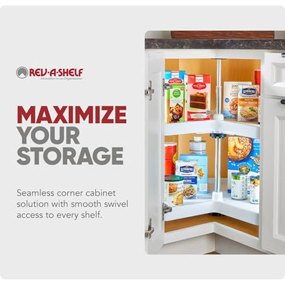 Rev-A-Shelf 2 Tier Kidney Cut Lazy Susan for Corner Base Cabinets, Plastic, 28" Double Shelf Swivel Kitchen Spice/Can Organizer, White, 3472-28-11-52 - size: 28 inch