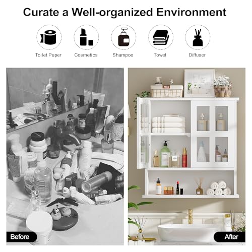 Modern Hanging Bathroom Cabinet, Sturdy Wooden Medicine Cabinet with Buffering Hinge & Anti-Scratch Door, Space-Saving Wall Mounted Over Toilet (Cross-Panel Door) - style: Cross-Panel Door