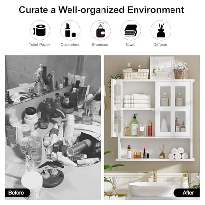 Modern Hanging Bathroom Cabinet, Sturdy Wooden Medicine Cabinet with Buffering Hinge & Anti-Scratch Door, Space-Saving Wall Mounted Over Toilet (Cross-Panel Door) - style: Cross-Panel Door