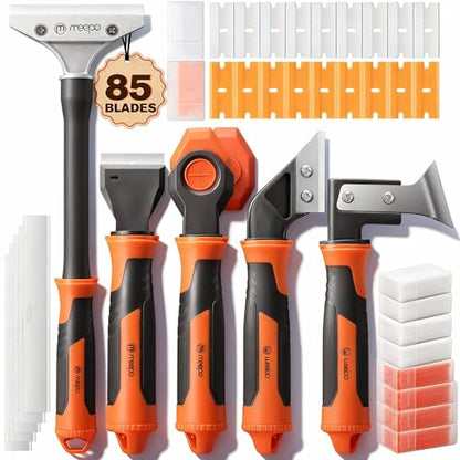 M MEEPO 5 in 1 Razor Blade Scraper & Caulking Tool Set, with 80 pcs Razor Blades & 5 pcs Scraper Blades, Extentable & Detachable Scraper Tool Oven Cleaner Caulk Grout Remover Tool for House Cleaning